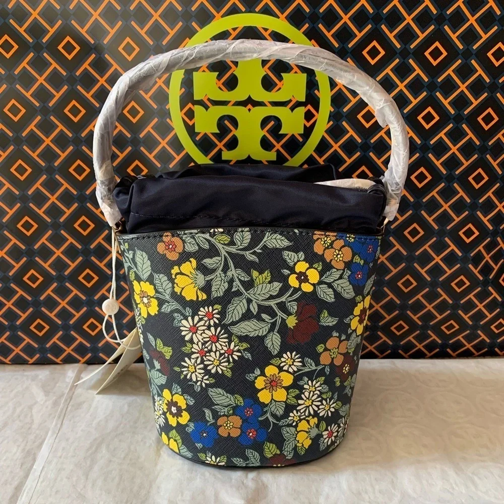 Tory Burch Emerson Mini Bucket Crossbody Bag Wallpaper Floral Navy Blue Green